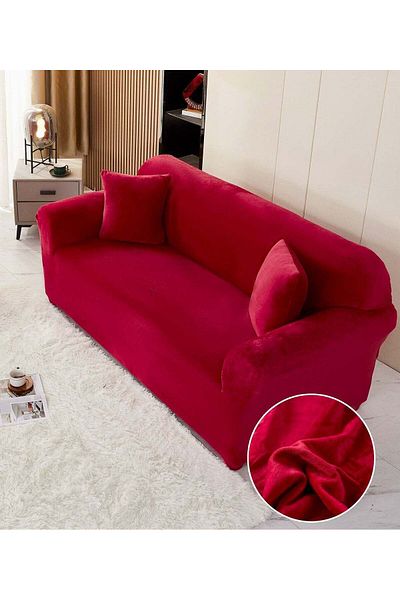 trendyhome Velvet Elastic Cover, 2 Seater Sofa, UNI, Red, J10963