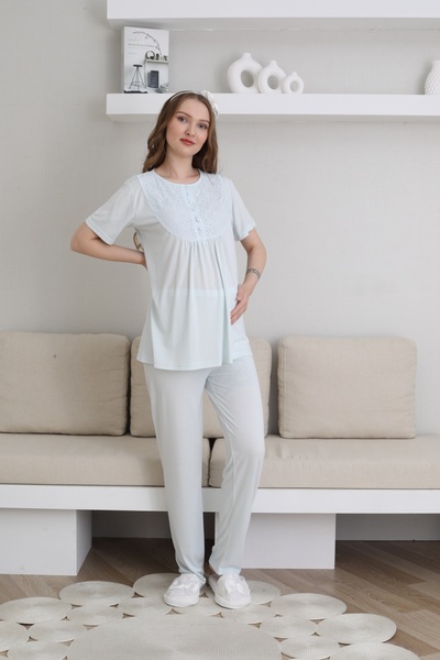 ERDENİZ TEKSTİL Çiçek Desenli Sabahlıklı,Kısa Kollu Lohusa-Hamile Pijama Takımı 3'lü Set