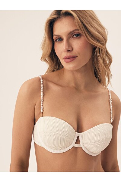 ESOTIQ Balconette Bikini Top Swim Bra Underwired Ribbed with Decorative Straps & Front Cut-Out | Pearl