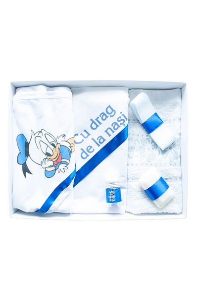OEM Trusou Botez Baieti, 6 piese, "Cu drag de la Nasi", Donald, Alb-Albastru