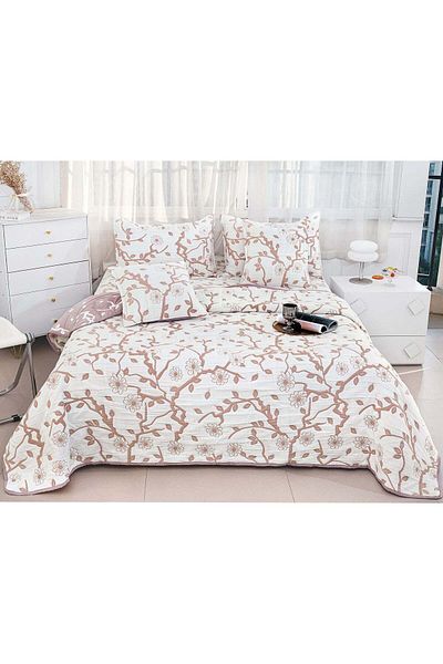 trendyhome Double Bedspread, Cotton with Linen, 5 Pieces, Twigs, White/Pink, PT24079
