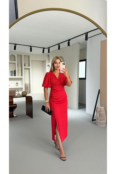 Sezgi Tekin Drape Detail Slit Red Satin Dress