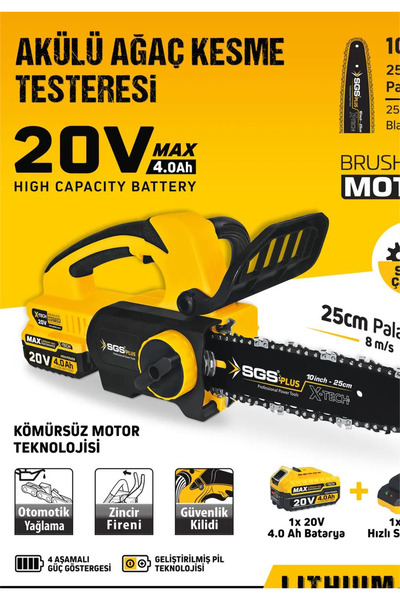 SGS SGS5320 - 20 Volt Akülü Ağaç Kesme Budama Testere Makina Seti 25 cm