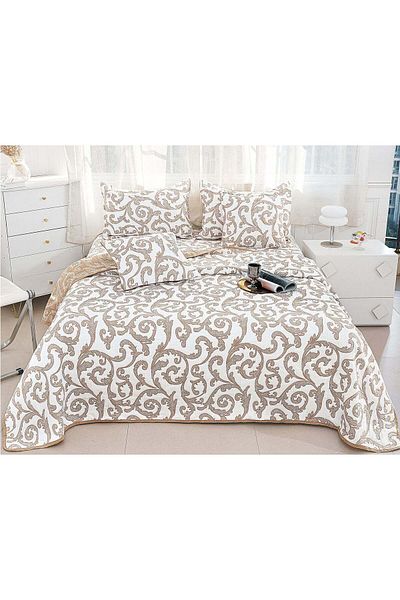 trendyhome Double Bedspread, Cotton with Linen, 5 Pieces, Elegant, Brown/White, PT24084