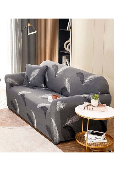 trendyhome Elastic Cover with Arms, 3-Seater Sofa, Feathers, Grey/Black/White, J12293