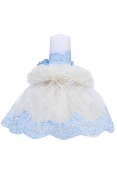 OEM Lumânare Botez, Tul Brodat și Panglică de Satin, 45x7cm, Alb-Albastru Deschis