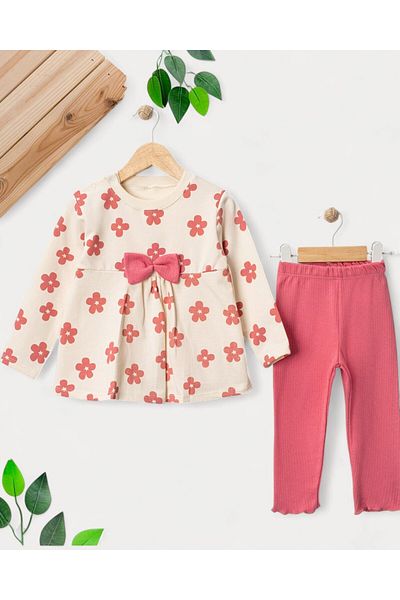 Ege Bebek Floral Print Bowknot 100% Cotton Baby Girl Set Long Sleeve Tunic and Soft Ribbed Leggings 6-24 Months
