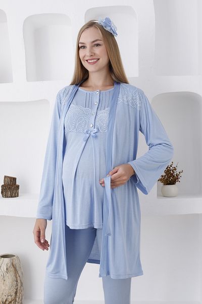 Lohussa Set de pijamale pentru femei, albastru, cu design special, cu nasturi, cu volan, pentru maternitate, pentru gravidă, set de 3 piese