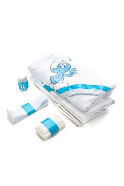 OEM Trusou Botez Baieti, 6 piese, 'Cu Drag de la Nasi', Strumf, Alb-Albastru Deschis