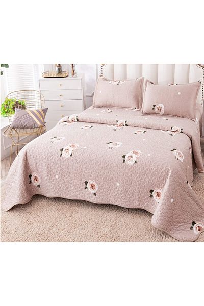 trendyhome Double Bedspread, Velvet, 3 Pieces, Roses, Cream, P23733