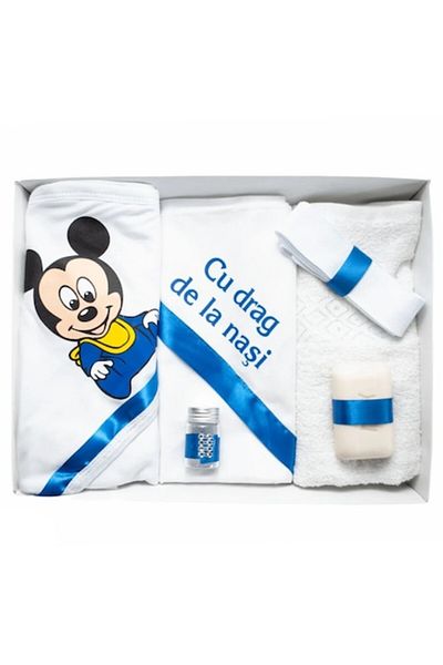 OEM Set botez pentru băieți, 6 piese, „Cu dragoste de la nași”, Baby Mickey, alb-albastru închis