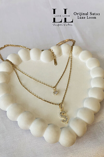 Luxe Loom Zarafetin Işıltısı Kadın Kararmayan Çelik Gold Zirkon Taşlı Küçük Kalpli Ş Harfli Çift Katman Kolye Gold006