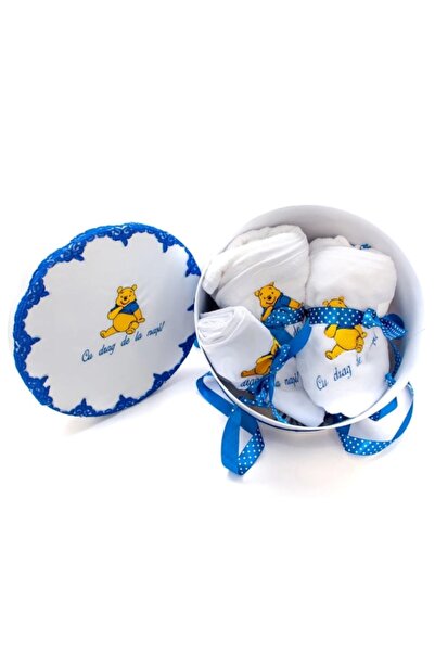 OEM Trusou Botez Premium, 7 Piese, Winnie the Pooh, Brodat, Alb-Bleummarin