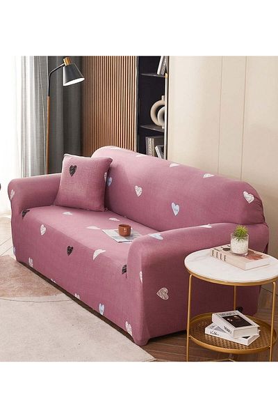trendyhome Husă elastică cu brațe, canapea cu 3 locuri, inimioare, roz închis, J12283