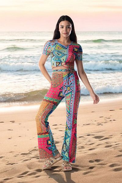 Mood Lab Lycra Body Hugging Crop Tie Detail Top - Palazzo Leg High Waist Bottom 2-Piece Knitted Set