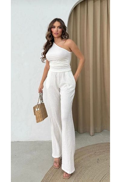 badibadii Seersucker Fabric One Shoulder White Suit