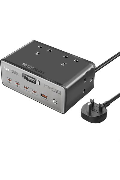 Promate 60W GaN Charging Station with Dual 30W USB-C PD, 140W USB-C, 100W Type-C, Quad AC Outlets, 6