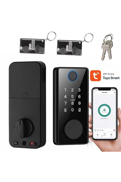 SMART GADGETS C&A Smart Black Lock with Fingerprint, PIN Code, RFID, Keys and Card Access, Tuya App Control