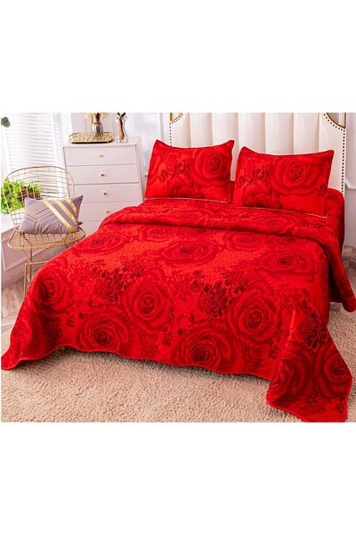 trendyhome Double Bedspread, Velvet, 3 Pieces, Roses, Red, P23730