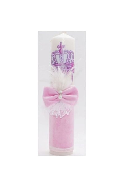 OEM Λαμπάδα Βάπτισης, Στέμμα, Βελούδο Κορδέλα και Φτερά, 35x7εκ., Ροζ