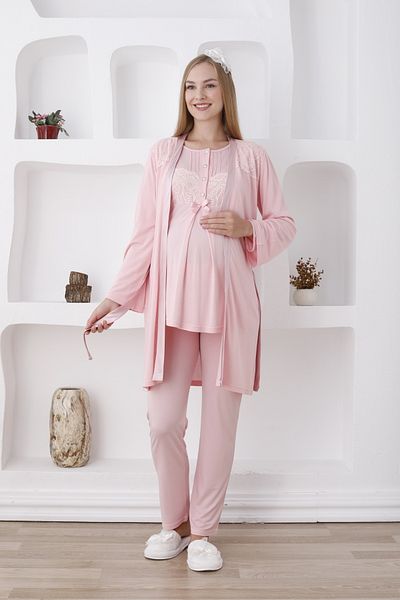 Lohussa Women's Salmon Special Design Buttoned Lace Maternity Maternity Dressing Gown Pajama Set Set of 3