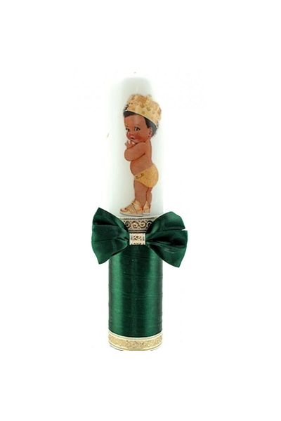 OEM Lumânare de botez, Prinț mic, Panglică verde smarald, 30x6.5cm