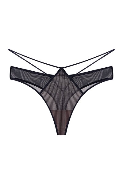 ESOTIQ Chiloți tanga sexy pentru femei, brodați cu dungi din plasă și bretele decorative | Briana