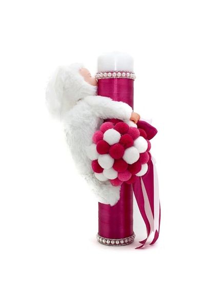 OEM Lumânare de botez, Pom-Pom și Îngeraș, 35x7cm, Fuchsia-Alb