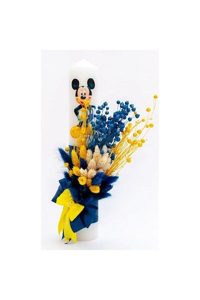 OEM Lumânare Botez, Flori Uscate și Mickey Mouse, 35x6cm, Bleumarin-Galben