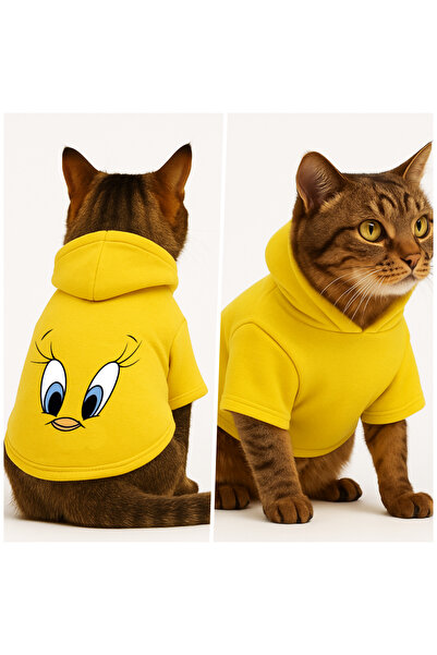 Buddy Store سويت شيرت أصفر بقلنسوة على شكل قطة مع قلنسوة مطبوعة مقاس L