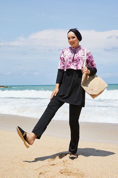 EBRUTESETTÜR Half Zipper Palm Pattern Hijab Swimsuit