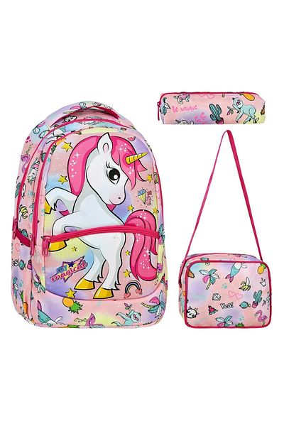 Çanta Trend Geantă de școală cu model unicorn pentru școala primară din 3 piese, prânz pentru fete și suport pentru stilou