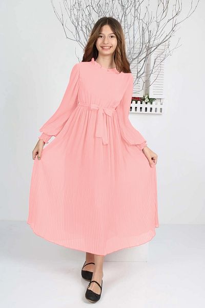 Asortix Girl's Long-Length Lined Pleated Chiffon Hijab Dress