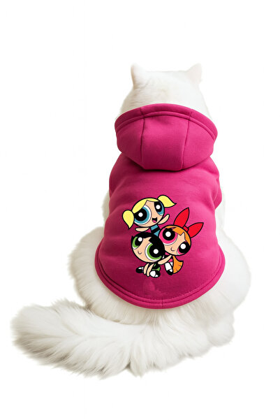 Buddy Store سويت شيرت بقلنسوة وردي اللون للقطط مطبوع عليه PowerPuffGirl مقاس L