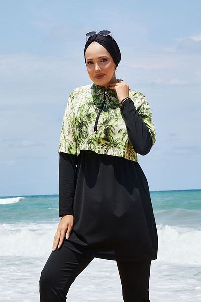 EBRUTESETTÜR Half Zipper Palm Pattern Hijab Swimsuit