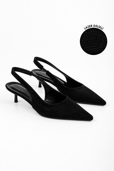 Shoeberry Women's Vanie Black Suede Laser Perforated Stiletto