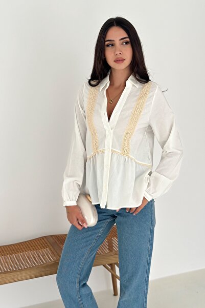 FEMELLE Women's White Beige Lace Detailed Buttoned Cotton Shirt