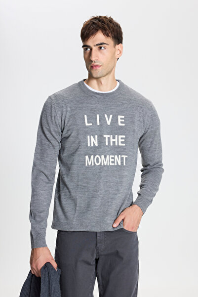 AC&Co / Altınyıldız Classics Erkek Gri Tüylenme Yapmayan Kumaşlı Standart Fit Bisiklet Yaka Baskılı Triko Kazak