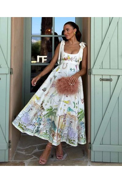 Bleu Petite White Patterned Square Collar Imported Crepe Fabric Dress