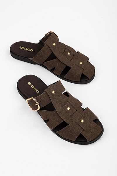 Shoeberry Women's Sole Brown Suede Troc Detailed Belted Slippers
