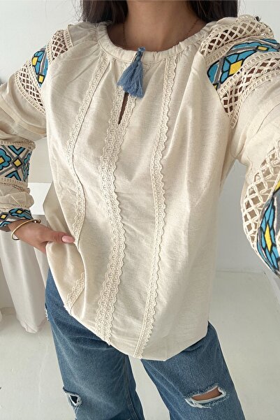 FEMELLE Women's Beige Ethnic Patterned Bohemian Embroidery Embroidered Tassel Cotton Blouse