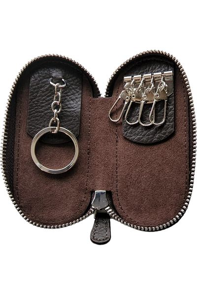 Lysande Genuine Leather Zippered Keychain with 6 Rings, Handmade Compact Wallet Type Key Organizer