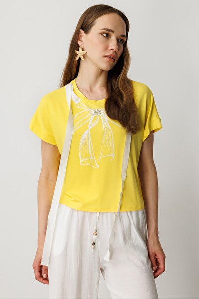accort Taş Detay Pamuklu Tişört-SARI