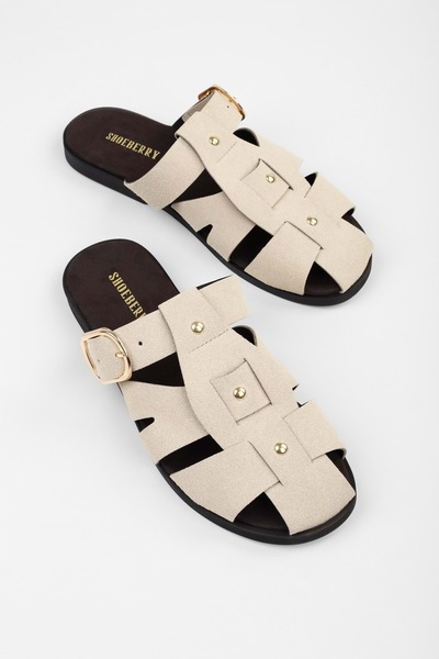 Shoeberry Women's Sole Beige Suede Trok Detailed Belted Slippers