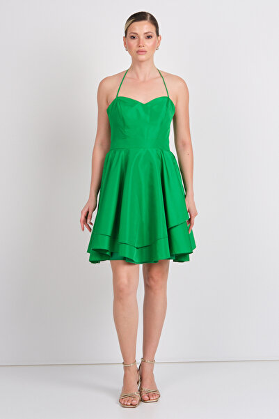 Saygın Women's Halter Neckline Sweetheart Neckline Mini Evening Dress 5621 Green