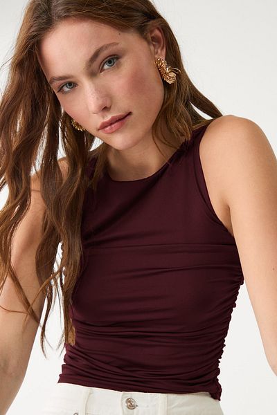 VODENS Women's Burgundy Gather Detailed 100% Cotton Sleeveless Top