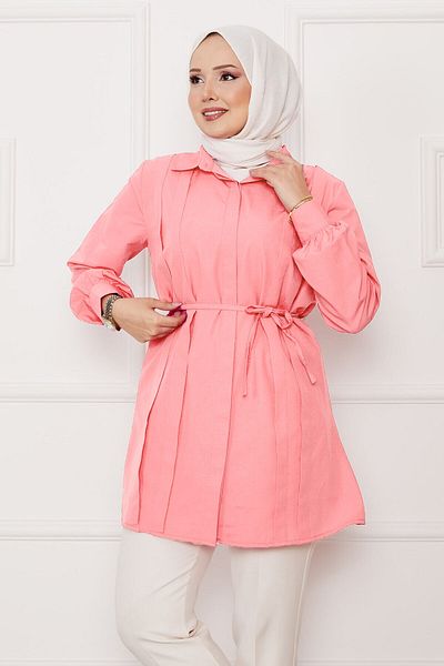 EBRUTESETTÜR Long Hidden Buttoned Pleated Detailed Hijab Shirt