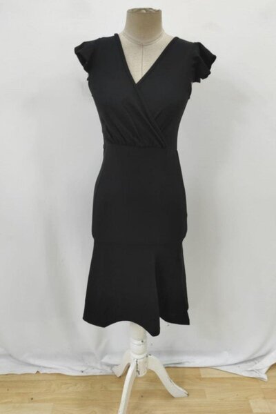 Mossta Double Breasted Collar Midi Crepe Dress with Flywheel Sleeves - Black