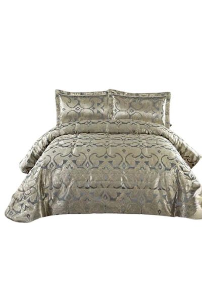 OEM Cuvertură de pat dublu și 2 fețe de pernă, satin, 3 piese, 2 persoane, 250x250cm, gri