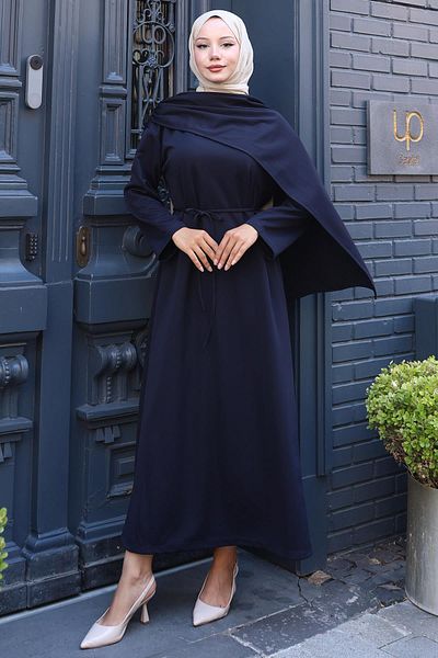 hafsamina Shawl Detailed Dress Navy Blue Hm2792